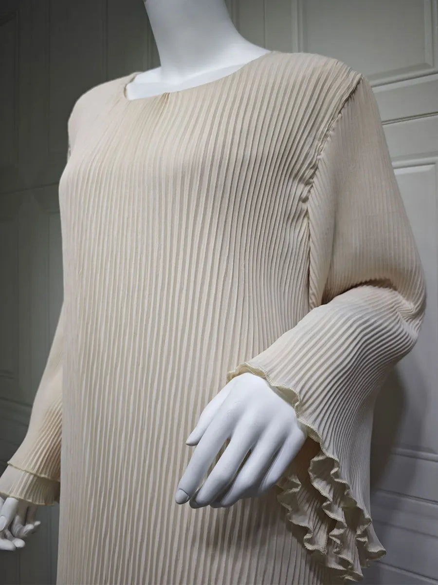 Siskakia Ramadan-Muslim Solid Wrinkle Dresses For Women's Dubai  Moroccan Petal Sleeve Abayas O-Neck Elegant Kebaya 2024