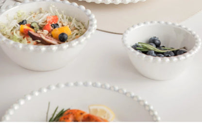 Ceramic Tableware Set Nordic Creative Pearls Beaded Edge Western Food Snack Plate Rice Bowl Soup Bowl Steak Plate Set Kitchen.