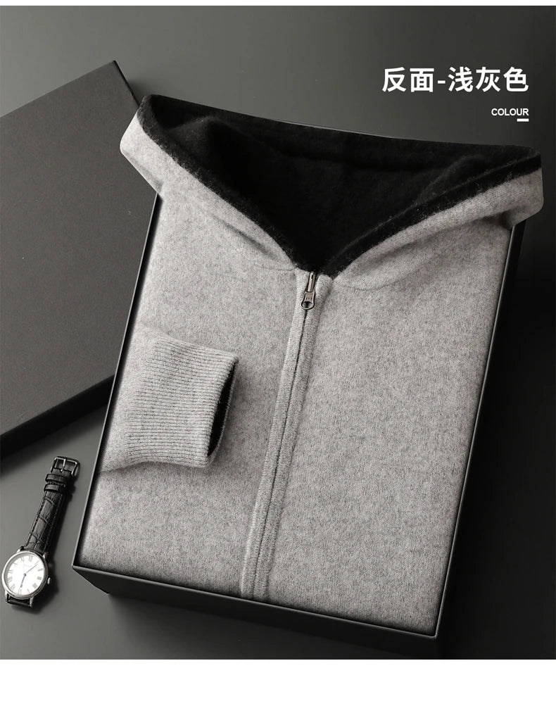 Autumn Winter Pure Cashmere Sweater Double-sided Cardigan Men's Casual Zipper Thickened Cashmere Knitted Hooded Sweater Coat