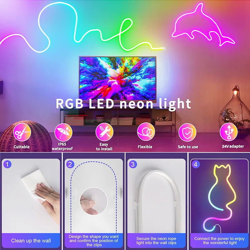 TUYA Neon-LED-Streifenlichter, 5 V, 84 LEDs/m, Silikon-Neon-Lichtschlauch mit Alexa, WLAN, APP-Steuerung, Musik-Synchronisierung, RGB-Streifenband für Zimmer.