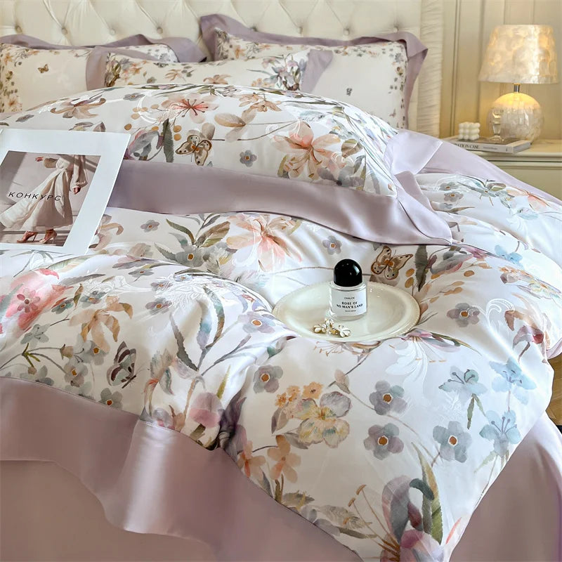 Flowers Prints Bedding Set Lyocell Eucalyptus Fiber Super Soft Silky Cool Feeling Duvet Cover Bed Sheet/Fitted Sheet Pillowcases.
