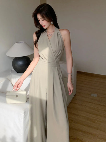 2025 Women Summer Clothes Sexy Halter Backless Folds Jumpsuits Female Wide Leg Loose Rompers Ladies Solid Long Jumpsuit C260.