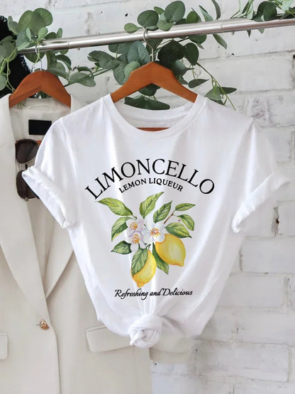 Lemon Letter Print T-shirt Short Sleeve Crew Neck Casual Top For Summer Women Kawaii Streetwear Graphic Tees Vintage Fruit Shirt.