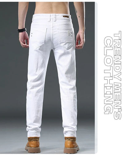 2025 Autumn Men's White Slim Fit Straight Jeans Casual Stretch Denim Pants Comfortable Fashion Streetwear Male Brand Clothing.