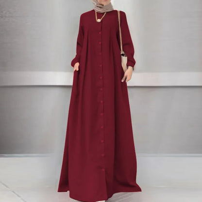 2025Spring Autumn Maxi Long Dress Women Muslim Long Sleeve Dress Loose Casual Dresses Vintage Hijab Islamic Clothing Caftan Robe.