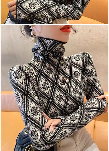 Frauen Kleidung Mode Rollkragen Argyle Stricken Pullover Herbst Winter Elegante Chic Schlanke Langarm Pullover Büro Dame Y2K Top.