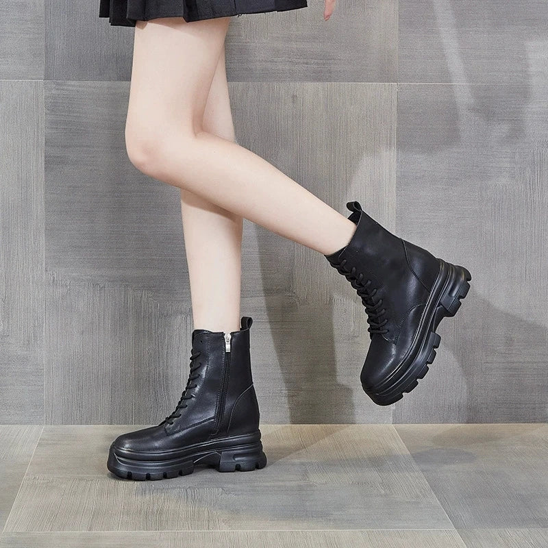 WOIZGIC Women Female Ladies Mother Genuine Leather Ankle Boots Shes Warm Autumn Winter Plush Zipper Motorcycle British Increase.