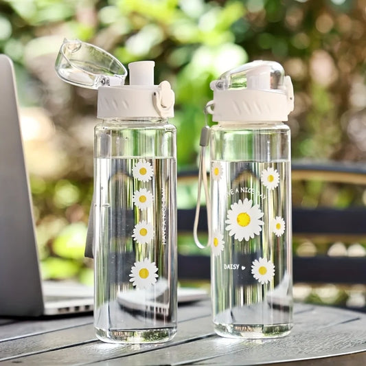Lightweight Plastic Water Bottle with Daisy Design and Leak Proof Lid - Suitable for Office, Home, Gym, Travel - Reusable Cup.