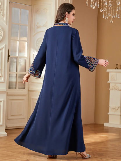 Dubai Muslim New Fashion Women's Embroidereid Long Sleeve V-neck Loose A-line Ankle Length Dresses Female Trendy Elegant Clothes.