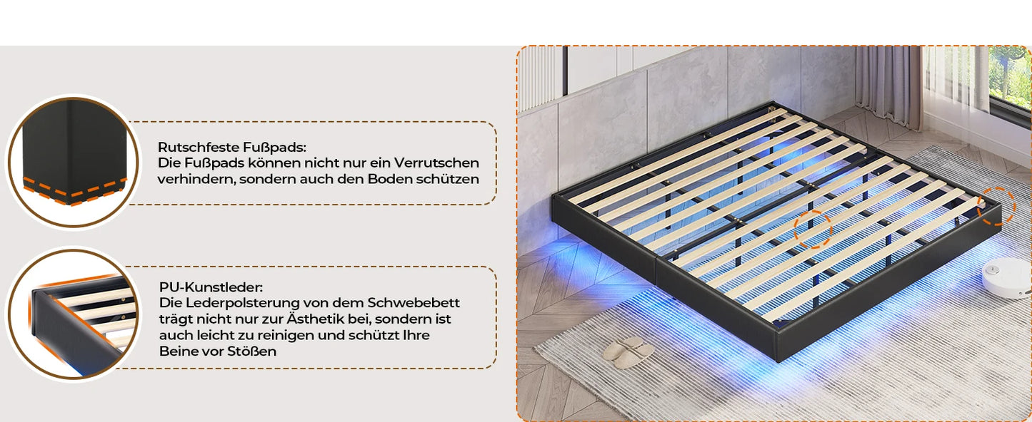 LED-beleuchtetes 180 x 200 cm großes Polsterbett mit Gestell, Gitterbettgestell, schwebender schwarzer Bettrahmen für Schlafzimmer