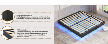 LED-beleuchtetes 180 x 200 cm großes Polsterbett mit Gestell, Gitterbettgestell, schwebender schwarzer Bettrahmen für Schlafzimmer
