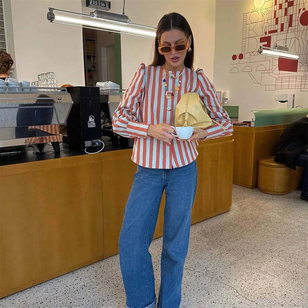 women's fashionable and versatile round neck long sleeved striped bubble sleeve temperament summer new top.