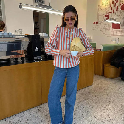 women's fashionable and versatile round neck long sleeved striped bubble sleeve temperament summer new top.