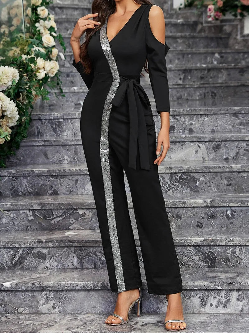 2025 Elegant Spring Summer Women Corset Jumpsuit Overalls Sexy Long Sleeve V Neck Sequins Straight Trousers Romper Onepieces.