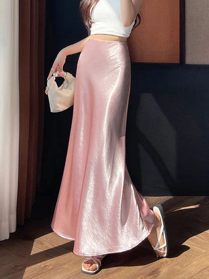Zoki Chic Satin Elegant Long Skirt Women Casual Fashion High Waist Sweet Trumpet Skirts Slim Summer Female Korean Long Skirts.