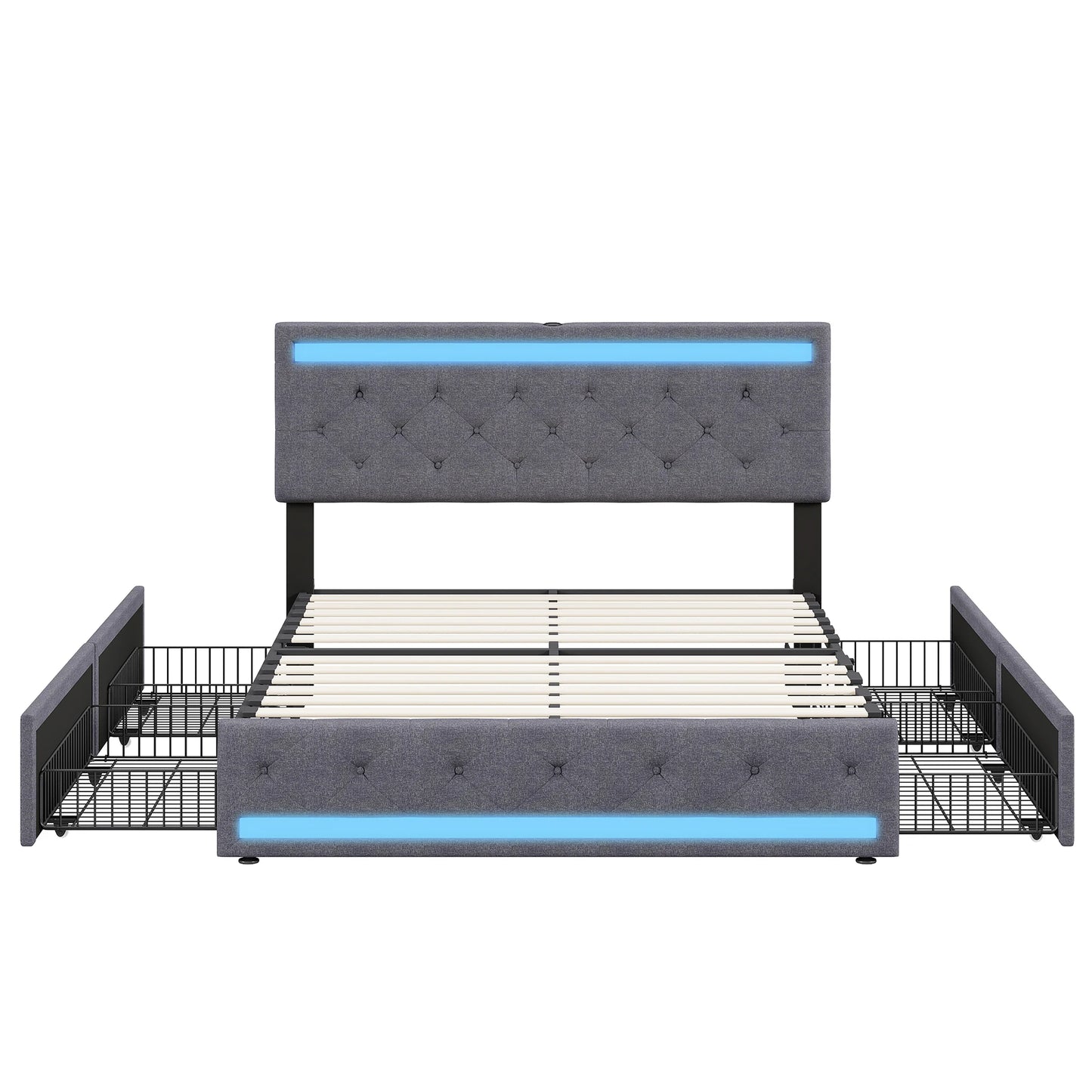 Comanlai 140 x 200 cm/160 x 200 cm/180 x 200 cm Doppelbett mit LED-Licht und 4 Schubladen, gepolstertes Bett mit USB-Ladeanschluss, Leinen
