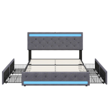 Comanlai 140 x 200 cm/160 x 200 cm/180 x 200 cm Doppelbett mit LED-Licht und 4 Schubladen, gepolstertes Bett mit USB-Ladeanschluss, Leinen