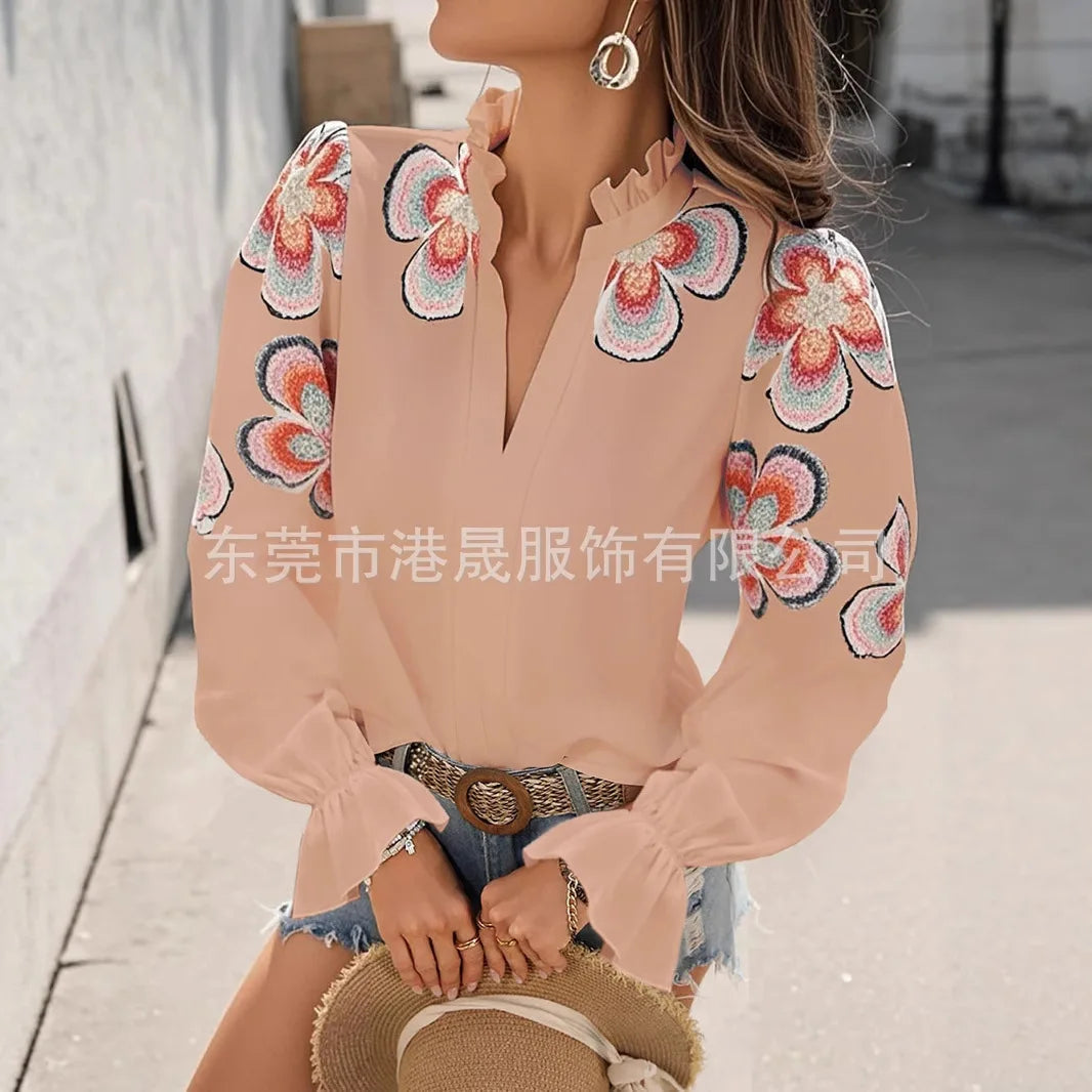 New Fashion American European Women's Printed Casual Trendy Loose V-neck Long Puff Sleeve Simple Basic Shirts Female Clothes.