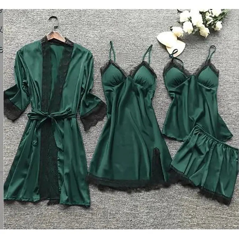 4PCS Nachtwäsche Pyjamas Set Seide Frauen Nachthemd Spitze Kleid Robe Schlaf Nachtwäsche Seide Einfarbig Pijama Sets.