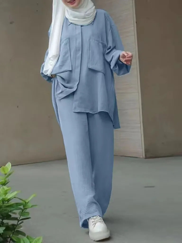 Frauen Casual Muslimischen Anzug Solide Abaya Eid Ramadan Langarm Bluse + Hosen 2-teiliges Set Dubai Türkei Kaftan Frauen islamische Kleidung.