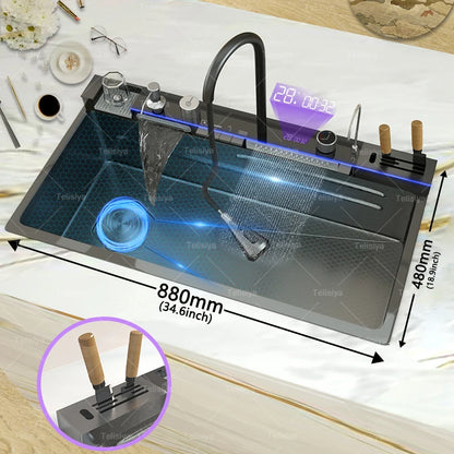 Edelstahl-Küchenspüle, multifunktionale Digitalanzeige, Wasserfall, großer Einzelschlitz mit Rack für Messerwaschbecken