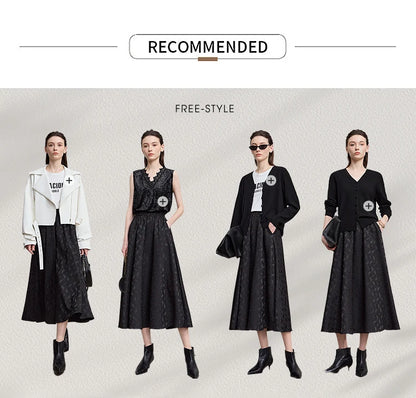 AMII 2025 Arrival Autumn Black A-line Women Skirt  Luxury Style Simple Elegant Elastic Waistband Offcial Lady Blouse 12523037.