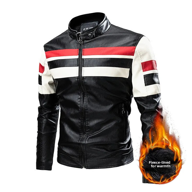 M-5XL Plus Size Men's Motorcycle Leather Jacket Winter Warm Stand Collar PU Biker Coat Casual Streetwear Fleece Lined Outerwear
