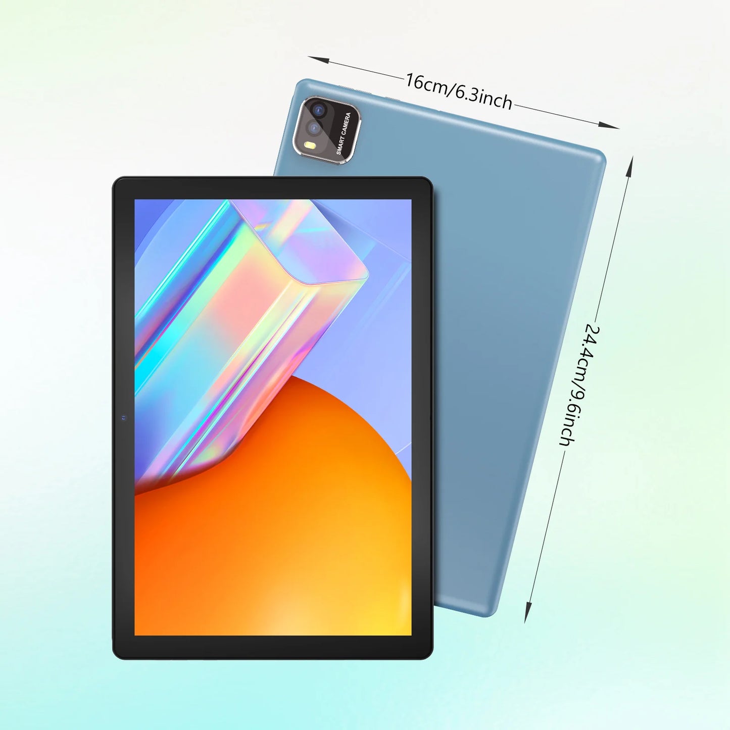 BAKEN 10-inch tablet with SIM card slot, Android 15, Wi-Fi, GPS, Bluetooth, 64GB storage, dual speakers, USB-C port.