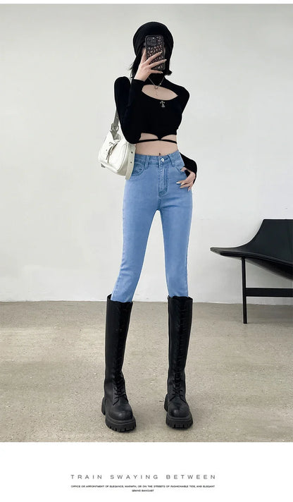 Spring and Summer Women's Casual Office Tight Solid Color Jeans Stretch Sexy Fashionable Classic Slim Fit Denim Pants Female