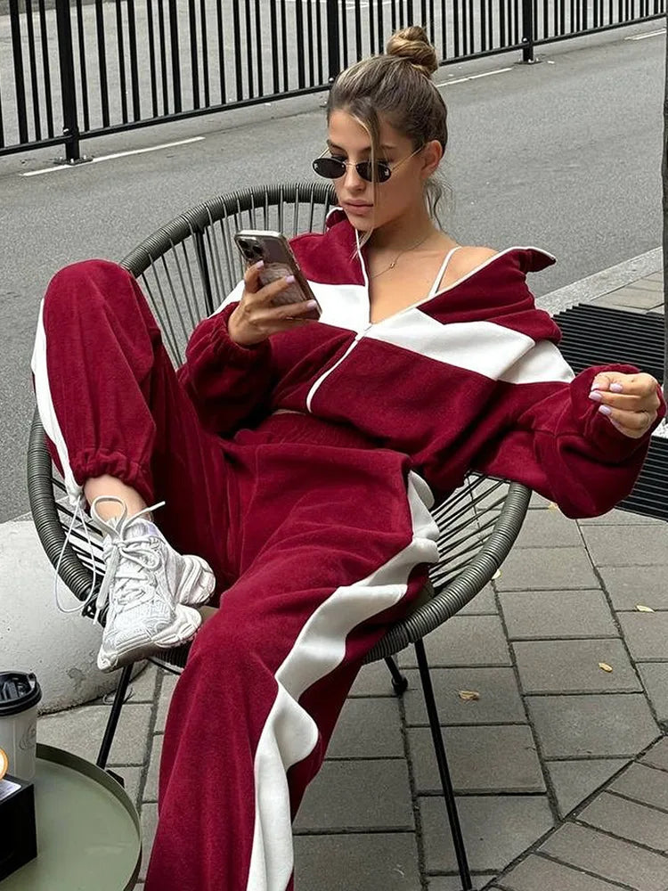 Women's Ready Zip Front Set Street Style Lightweight Hoodie & Pants Two Piece Sports Casual Fashion Loose Outdoor Outfit.