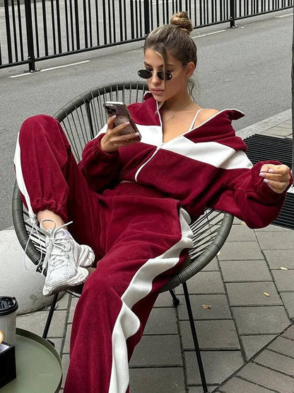 Women's Ready Zip Front Set Street Style Lightweight Hoodie & Pants Two Piece Sports Casual Fashion Loose Outdoor Outfit.