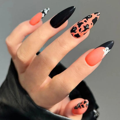 24pcs Glitter Pink Sequins Fake Nails 2025 Halloween Scary Skull Love Print False Nails Wearable European Ballet Press on Nails