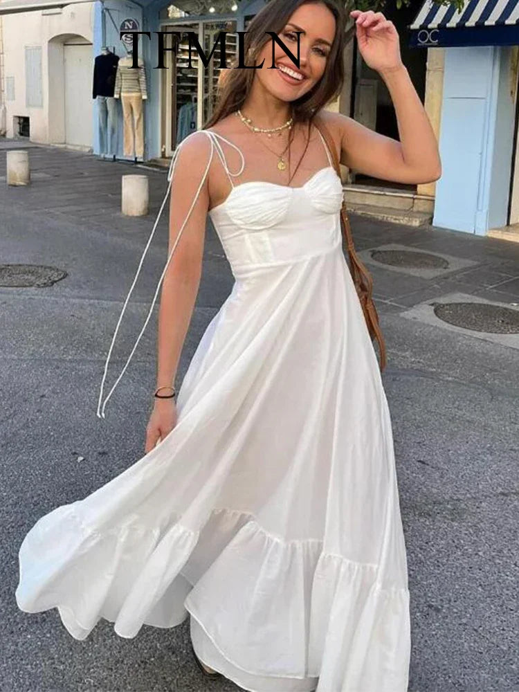 TFMLN Elegantes, gestuftes langes Kleid für Damen, 2024, Sommer, klassische Mode, solide Kleider mit seitlichem Reißverschluss, hohe Taille, A-Linie, Partykleid.