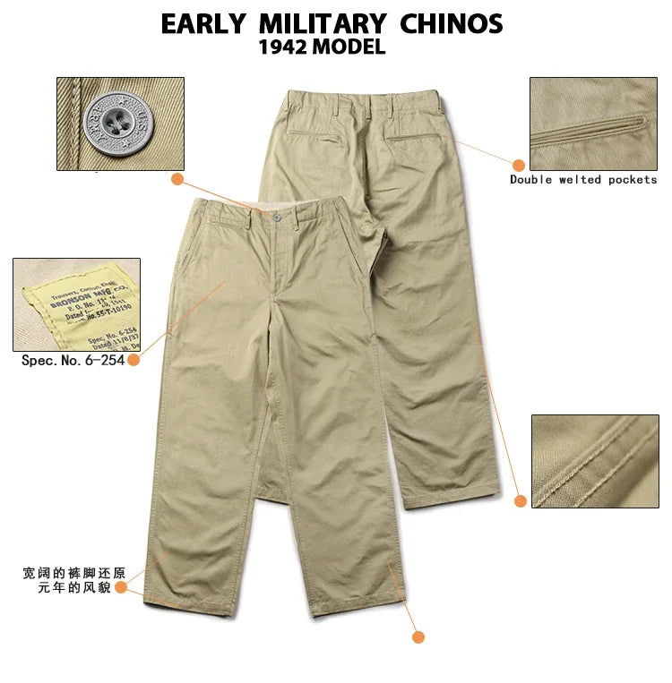 Rugged Bronson Army Chino Trousers 1942 Pattern Khakis Military Style Casual Pants.