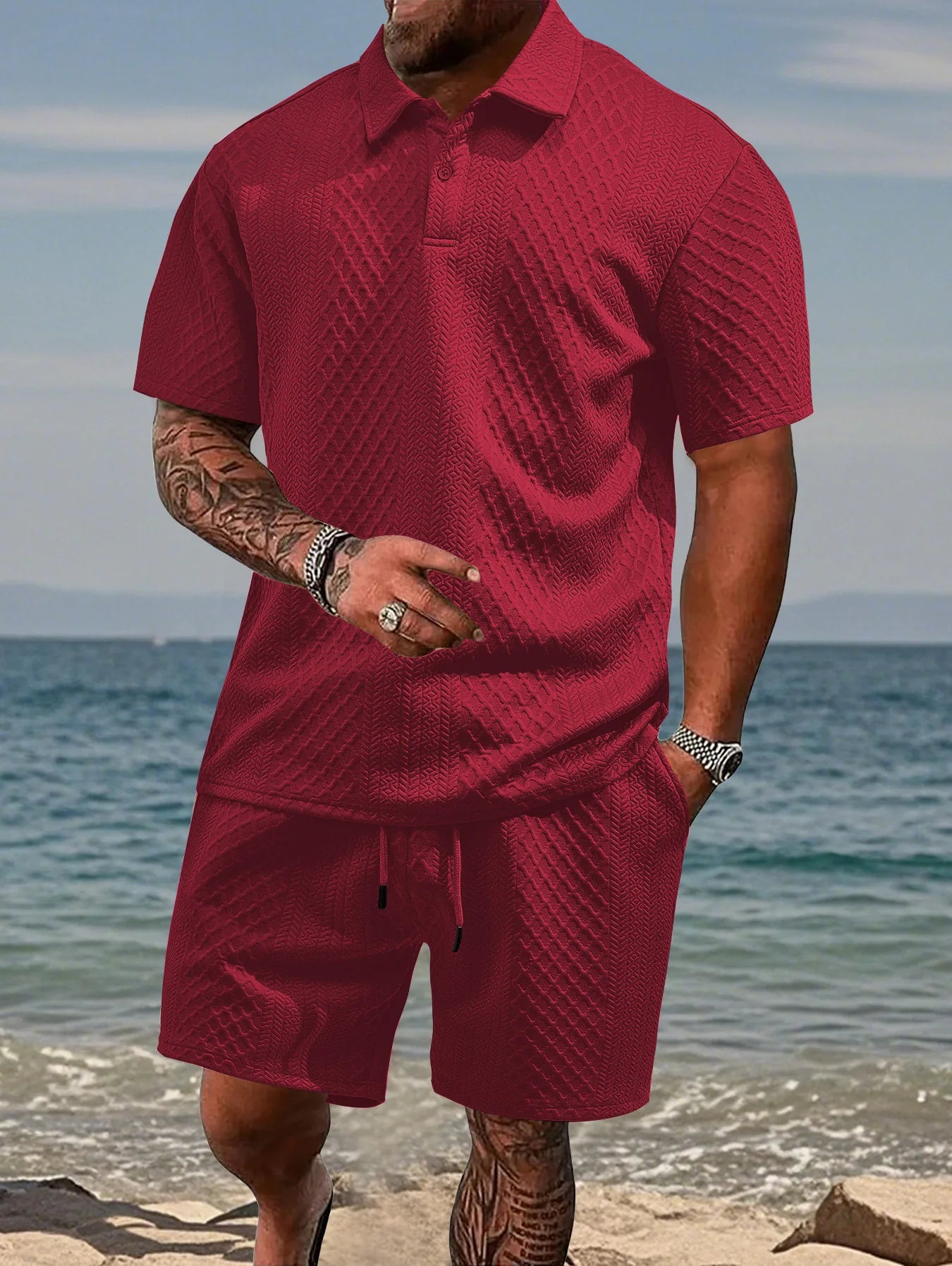 2025 Summer New Men's Casual Sportswear Polo Shirt With A Lapel, Men's Short-sleeved Shirt And Shorts, Jacquard Texture Suit