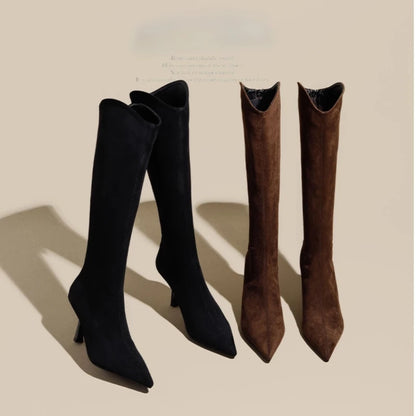Vintage Pointed Toe Women Stretch Slim High Boots Fashion Back Zippers Shoes Autumn Winter High Heel Ladies Knight Long Booties.