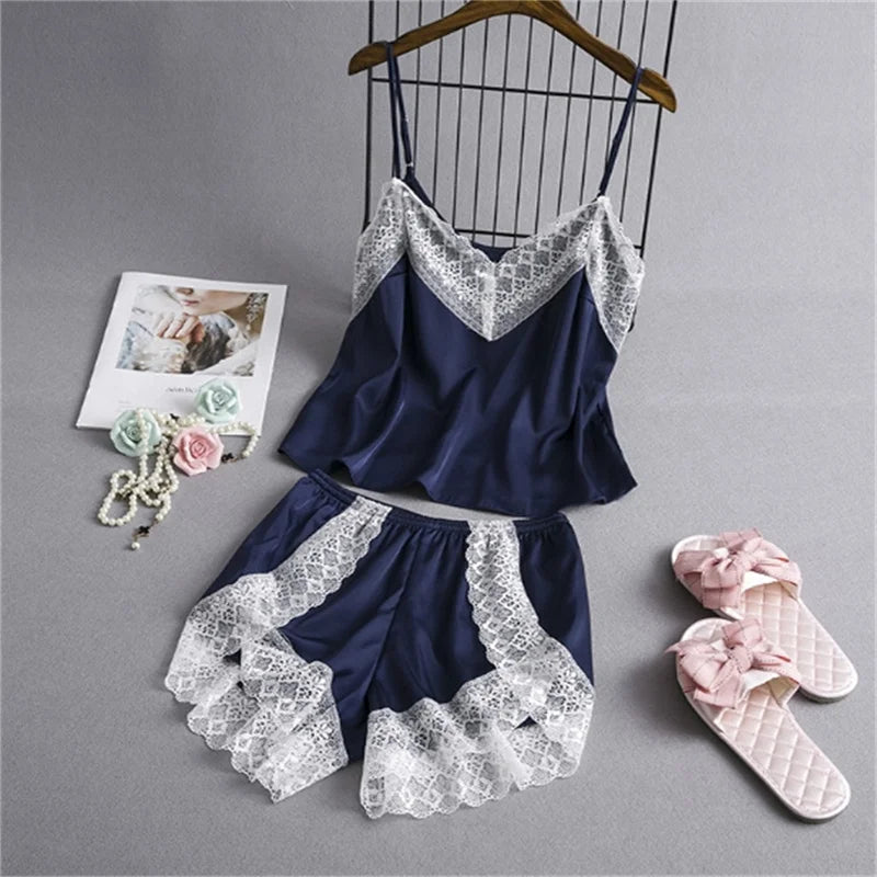 Sexy Spitze Spleißen Hosenträger lose Shorts zweiteiliges Pyjama-Set für Frauen.