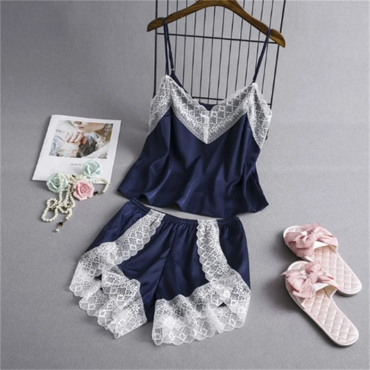 Sexy Spitze Spleißen Hosenträger lose Shorts zweiteiliges Pyjama-Set für Frauen.