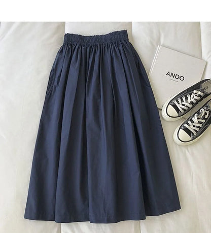Women Black skirt midi High waist korean style Pleated a line Vintage Clothing 2025 new Summer Casual Fashion Ladies Work Wear.