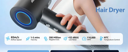 Aigostar Nora - Hair Dryer, 110,000 rpm High-Speed Hair Dryer with 200 Million Negative Ions, 55 dB Low-Noise Hair Dryer