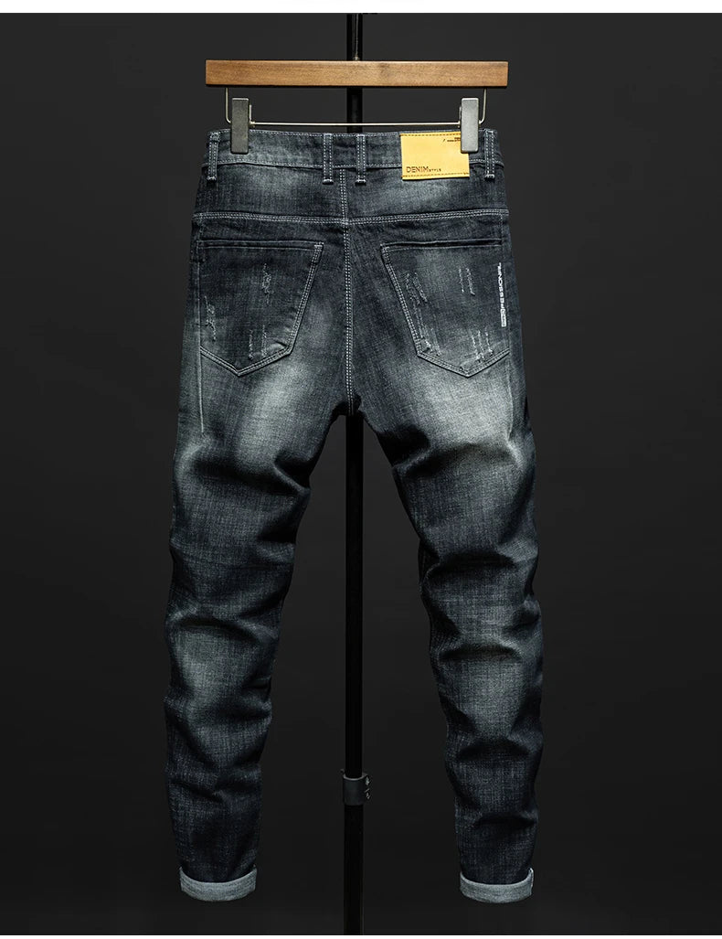 Fashion Ripped Men's Slim Straight Stretch Jeans Korean Personality Streetwear Denim Pants Classic Black Hip Hop Male Trousers.