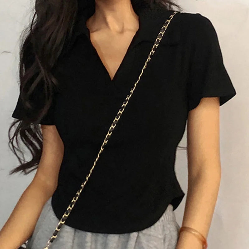Summer Short Sleeve Lapel Top Women'S Solid V-Neck Pullovers Retro Sweet Shirts Hot Girl Crop Top Female Slim Versatile Tee.