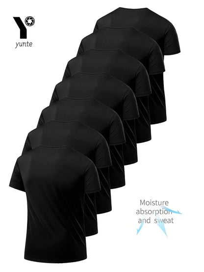 Round Neck T-Shirt 7-Piece Black Ultra-Light Men's Quick-Drying Breathable Sweat-Absorbent Shirt Suitable for Fitness Gym and Ru.