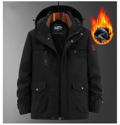 New Autumn/Winter Men's Fleece-Lined Thickened Cotton Coat Casual Vintage Workwear Jacket with Detachable Hood Multiple Pockets.