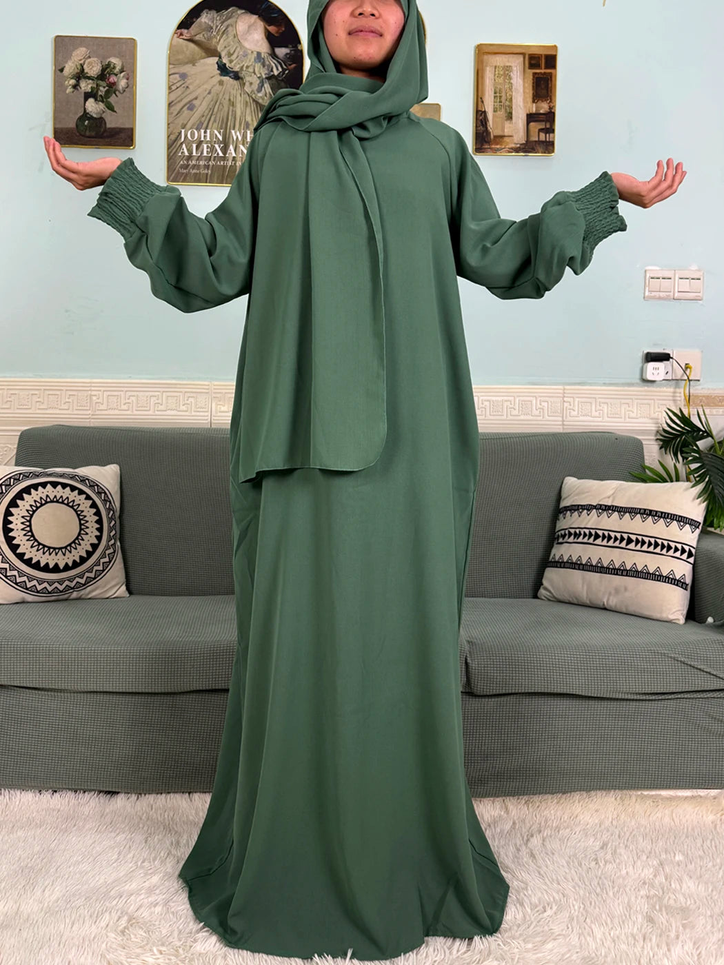 Muslim Abaya Ramadan 2025 For Women Pure Cotton Loose Prayer Femme Robe Elastic Cuffs African Dress With Connected Hijabs Scarf.