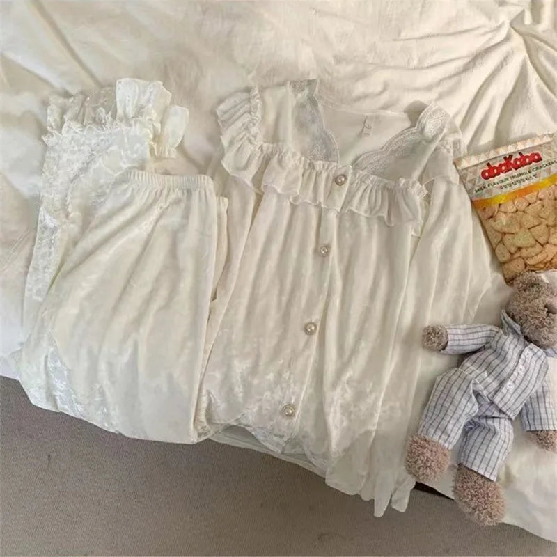 Soft Velvet Pajama Set Women Loose Home Wear Sleeping Velour Autumn Winter New Warm Sleepwear Female Nightie Ins Underwear.