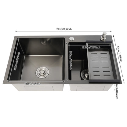 Schwarze Spüle aus Edelstahl 304, Doppelschüssel-Küchenspüle mit Seifenspender und Abflusskorb, großes Spülbecken
