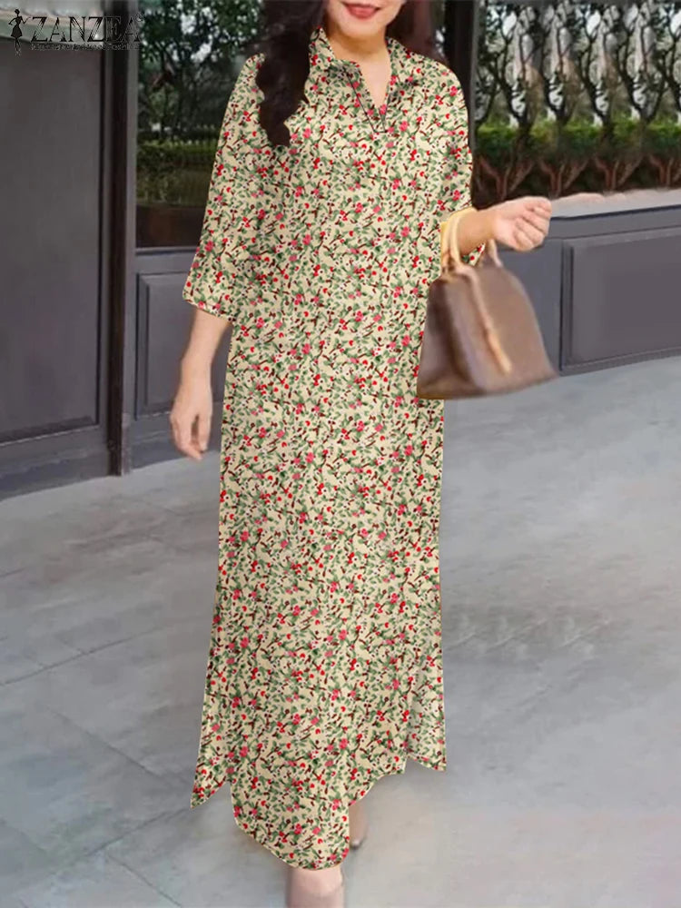 ZANZEA Herbst Sommer Floral Bedruckte Kleider Frauen Maxi Sommerkleid Bohemian Casual 3/4 Hülse Urlaub Vestidos Kaftan Robe Femme.