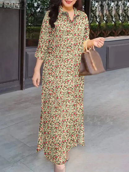 ZANZEA Herbst Sommer Floral Bedruckte Kleider Frauen Maxi Sommerkleid Bohemian Casual 3/4 Hülse Urlaub Vestidos Kaftan Robe Femme.