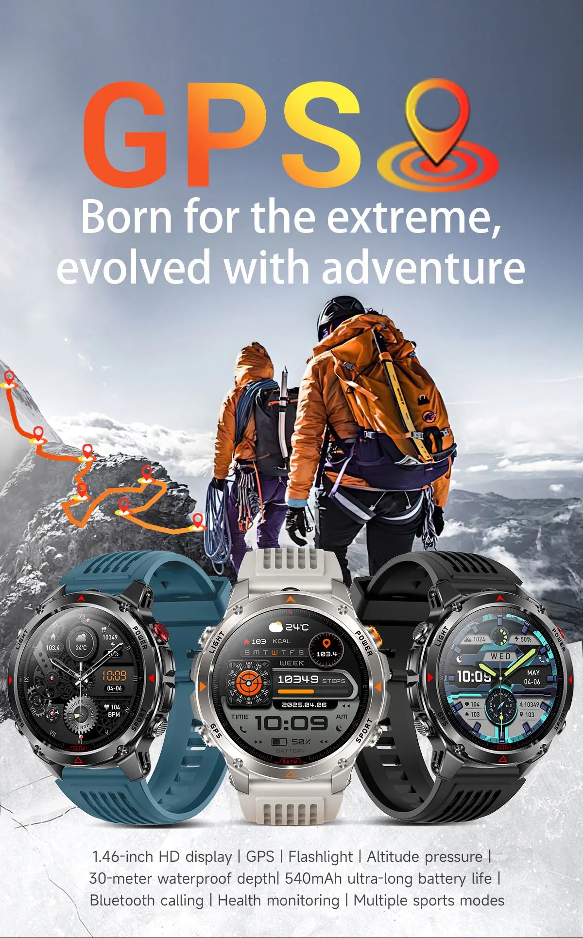 2025 New Outdoors Sports Military GPS Smart Watch 3ATM Waterproof Built-in Dual-Band GPS Compass Altimeter Swimming Smartwatches.